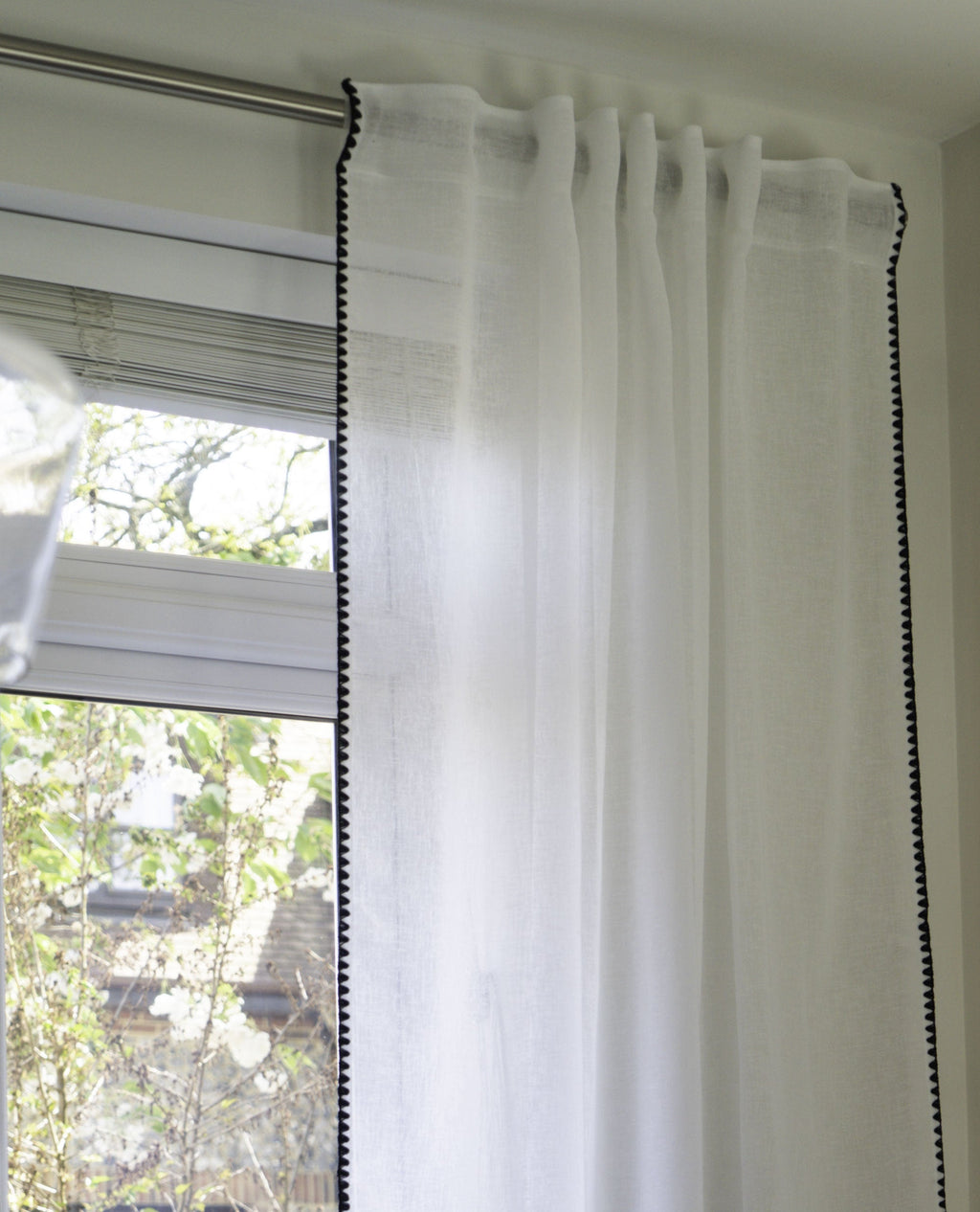 Onyx White Linen Look Panel With Black Embroidery Trim