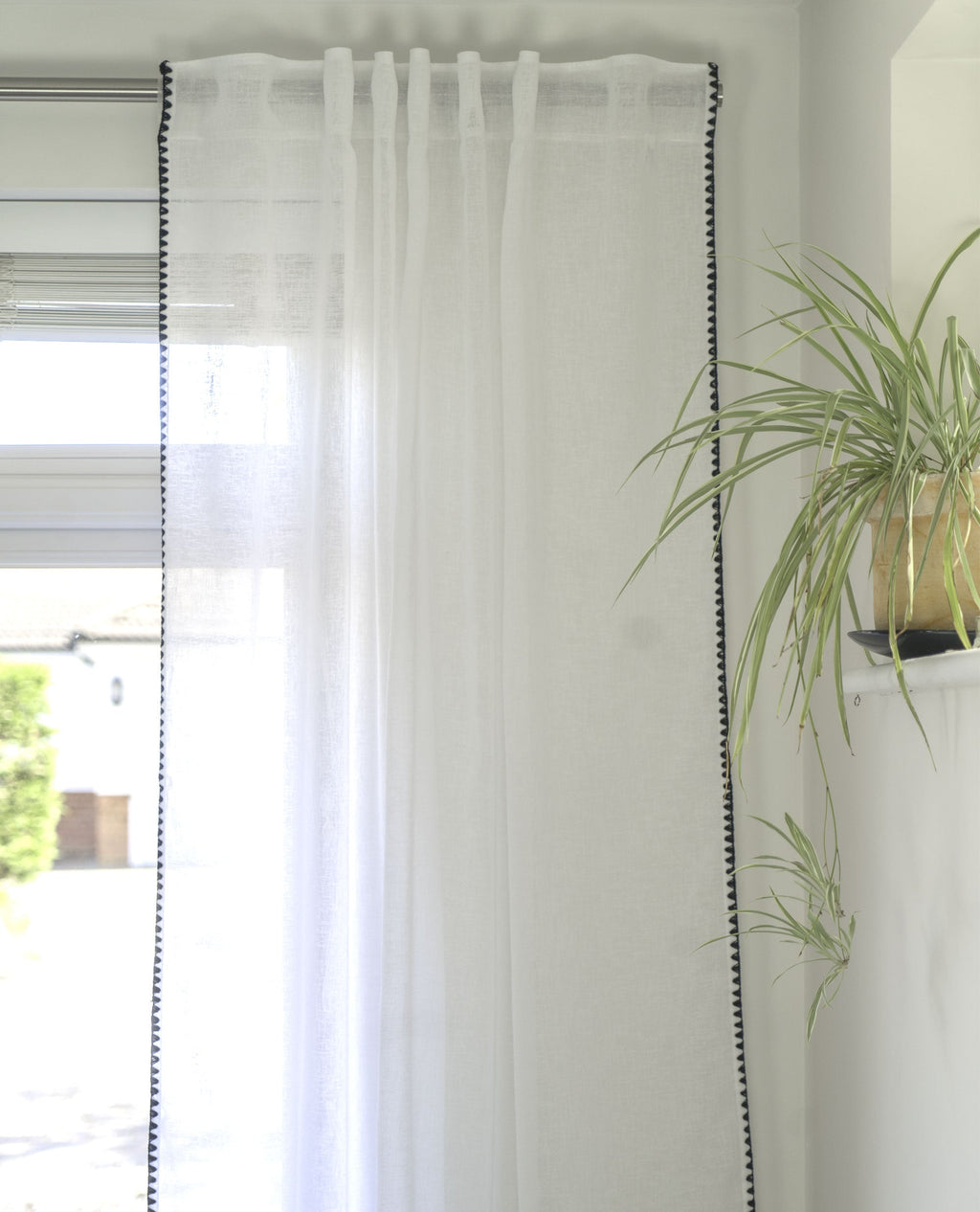 Onyx White Linen Look Panel With Black Embroidery Trim