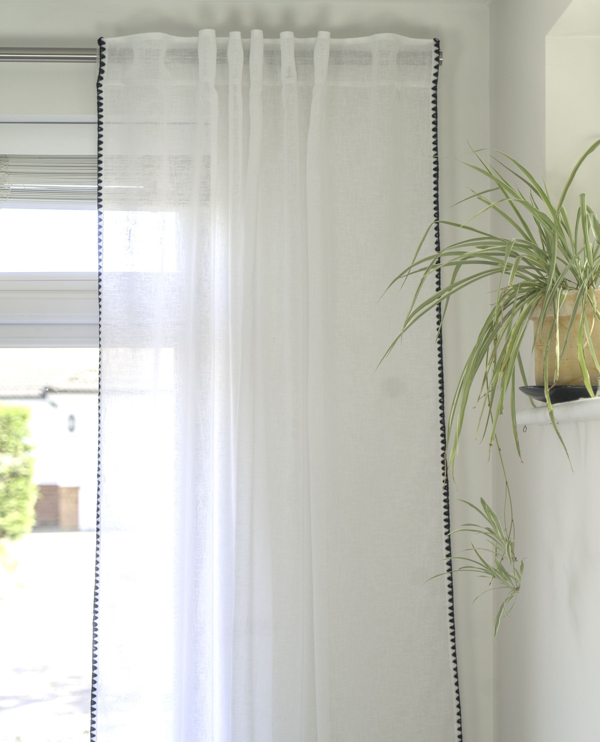 Onyx White Linen Look Panel With Black Embroidery Trim