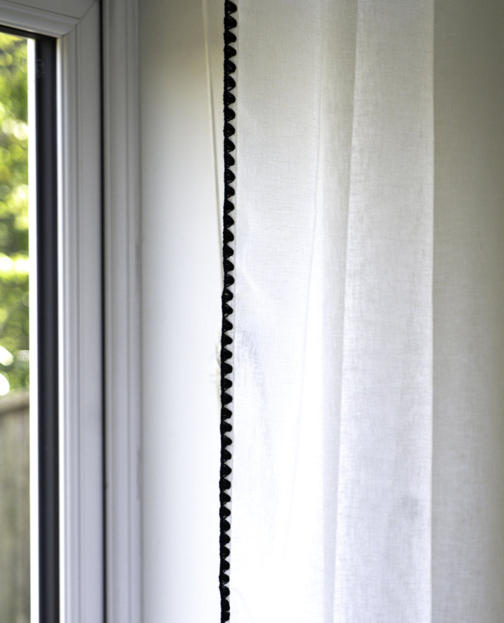 Onyx White Linen Look Panel With Black Embroidery Trim