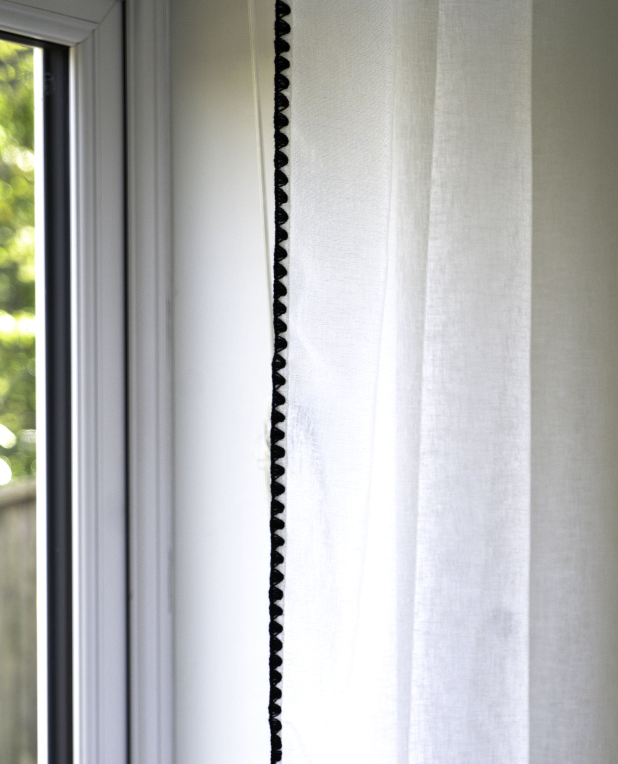 Onyx White Linen Look Panel With Black Embroidery Trim