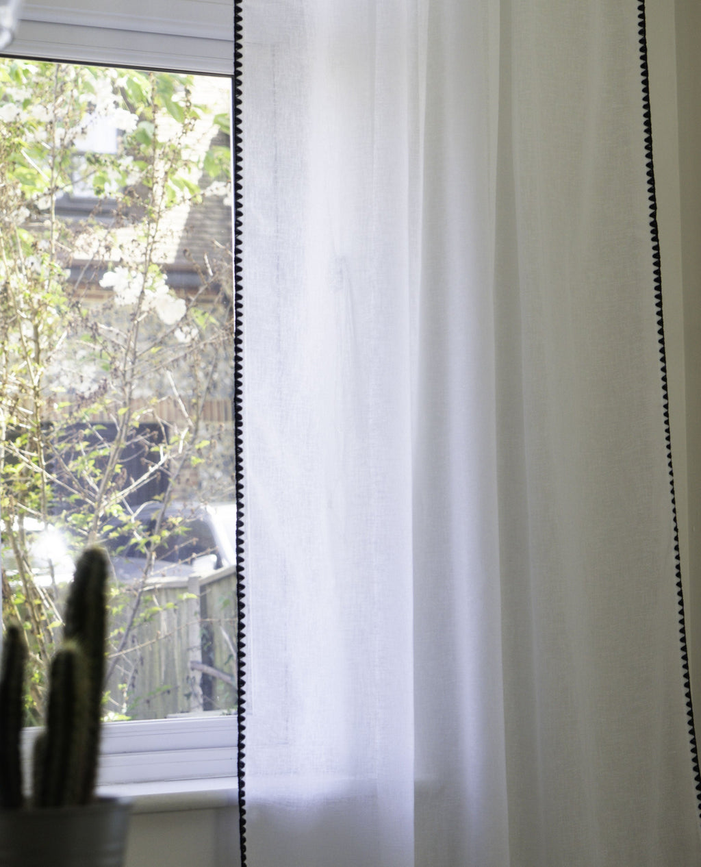 Onyx White Linen Look Panel With Black Embroidery Trim